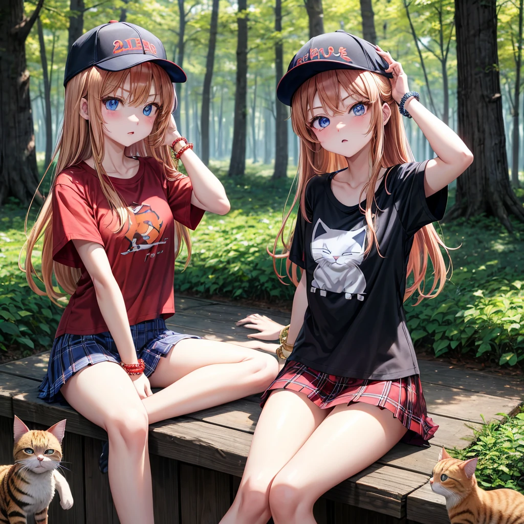 red blonde、blue eyess、one good looking girl、独奏、animesque、Plaid miniskirt、Black T-shirt、camisole、the woods、Sunlight、sitting on、wearing a baseball cap、bare-legged、small bracelet、tilting the head、catching a cat、glaring