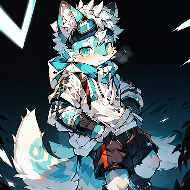 cyber punk style，boy，Young，snow leopard，Wear goggles，Wearing a white hoodie and shorts