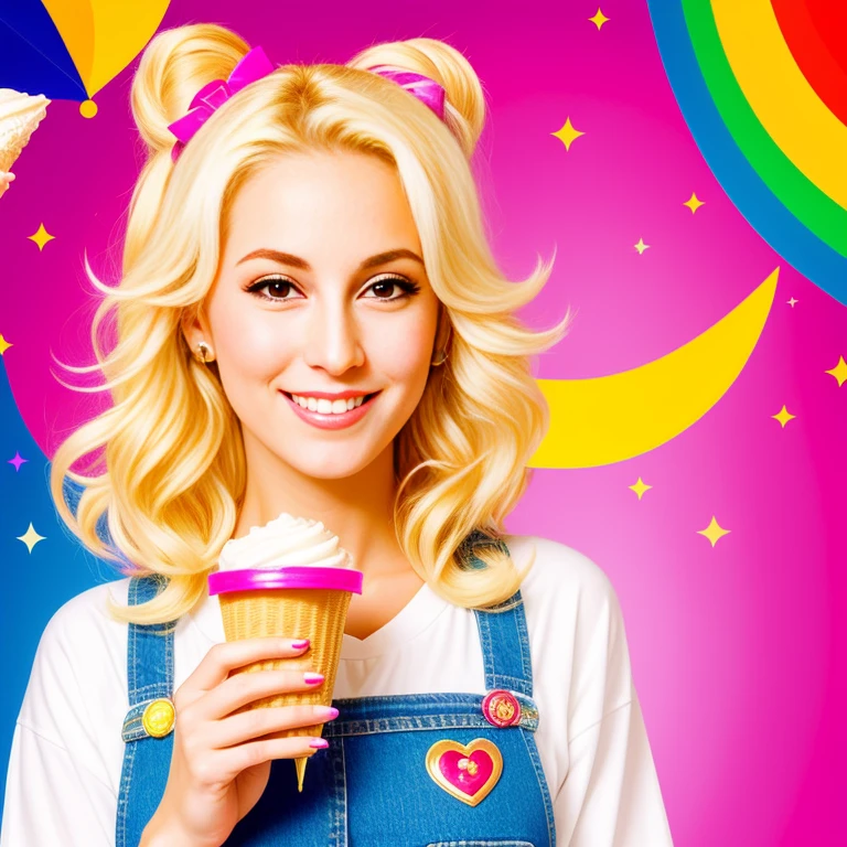 "(Mature and realistic portrayal:1.2) Sailor Moon smiling, exuding confidence as she holds an  cream cone, her blonde hair cascading down, adorned in stylish rainbow denim clothes from the 2000s, with a backdrop filled with sprinkles."