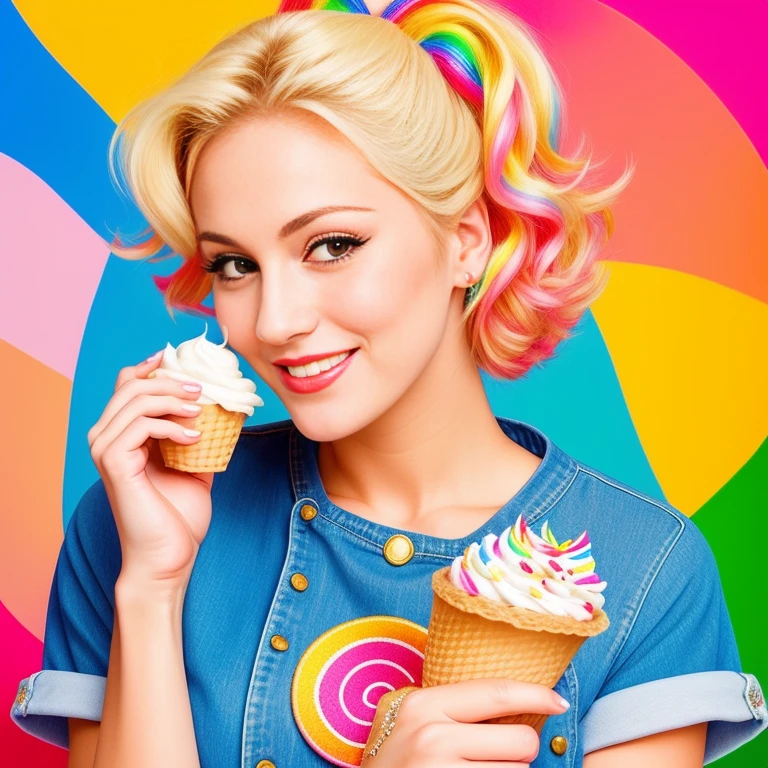 "(Mature and realistic portrayal:1.2) Sailor Moon smiling, exuding confidence as she holds an  cream cone, her blonde hair cascading down, adorned in stylish rainbow denim clothes from the 2000s, with a backdrop filled with sprinkles."