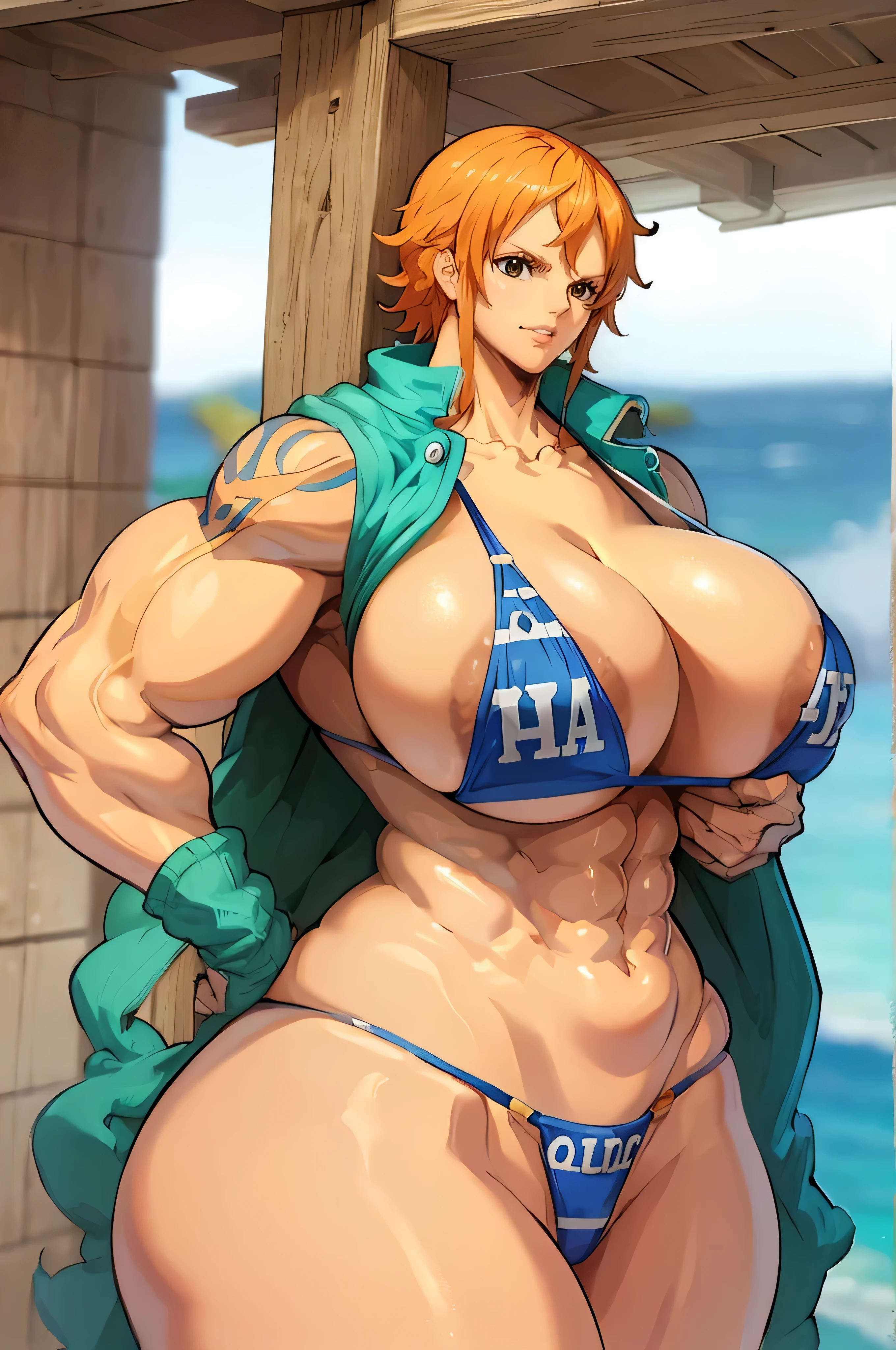 nami \(one piece\), orange hair, blue eyes, blue bikini, ((huge breasts)), ((((huge muscles))))