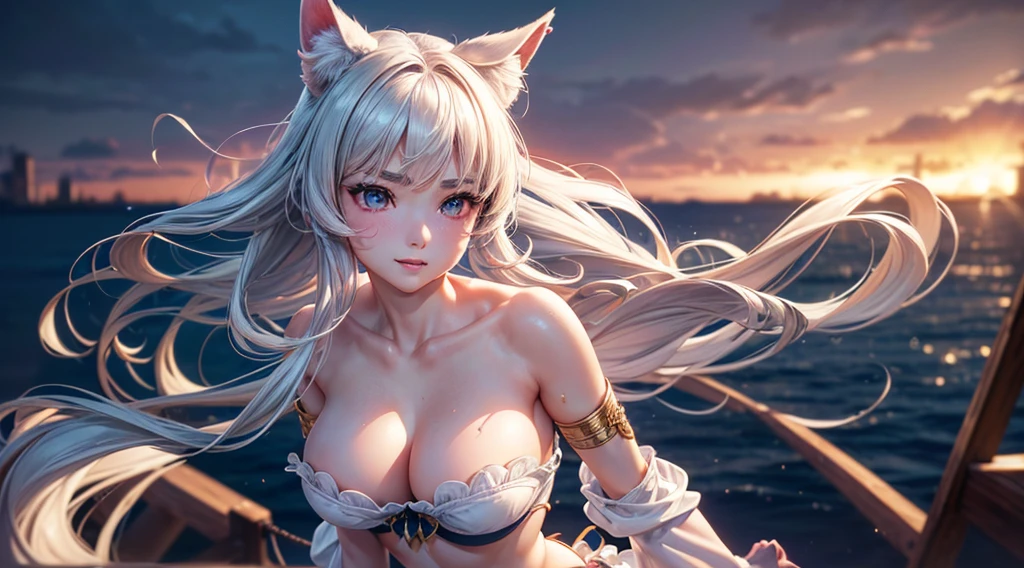 (3D: 0.5, realistic: 0.5, photorealistic: 0.5), (Sharp focus: 1.5), (sharp focus:1.2), (beautiful face:1.1), (eye makeup:1.2), (tight body:1.2), ((Masterpiece)), (highest quality))), ( Masterpiece:1.2), (Best Quality:1.3), (8k, best quality, masterpiece:1.2 ((masterpiece, best)), (best illustration), (high detailed skin:1.2), Cinematic footage, full medium closeup, a gorgeous 18-year-old kemonomimi woman soft pale skin, cute and youthful face, well-defined eyebrows, delicate nose, plump and round lips, ultra-detailed, photo-realistic, depth of field, cinematic lighting, IMAX camera, HDR, DTM, Full HD, 8k, flared, medium breasts, slim, smile, standing, 8K picture quality, sexy seduction, realistic:1.37 long, flowing:1.1 luscious, plump:1.1 sparkling sequins:1.1 subtle, 0.9 soft, warm:1.1 best quality,4k,8k,highres,masterpiece:1.2, realistic, photorealistic, photo-realistic:1.37, ultra-detailed:1.1 busty animal ears, beautiful, detailed ears:1.1 best quality, 4k, highres, masterpiece:1.2 detailed, piercing eyes:1.1 4k, 8k, highres, masterpiece:1.2 very three-dimensional: 1.2