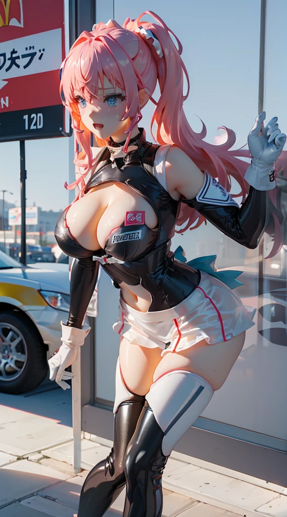(Best Quality, masuter piece,dynamic view),ultra detailed photographic,kawaii girl, fullnude,Trapped in an acrylic box,Lawson's Race Queen,Charming,Slim big,toppless,teats,Bold cleavage,Lace Bra,motor show,shy crying face,Red beautiful eyes,poneyTail,See-through vinyl clothing with exposed shoulders,Shiny realistic skin,Cool,From a moving angle,plastic model,interchange,Denny 's,Ghast,drive-in,theater,Giant screen,service area,racing car,mcdonalds,