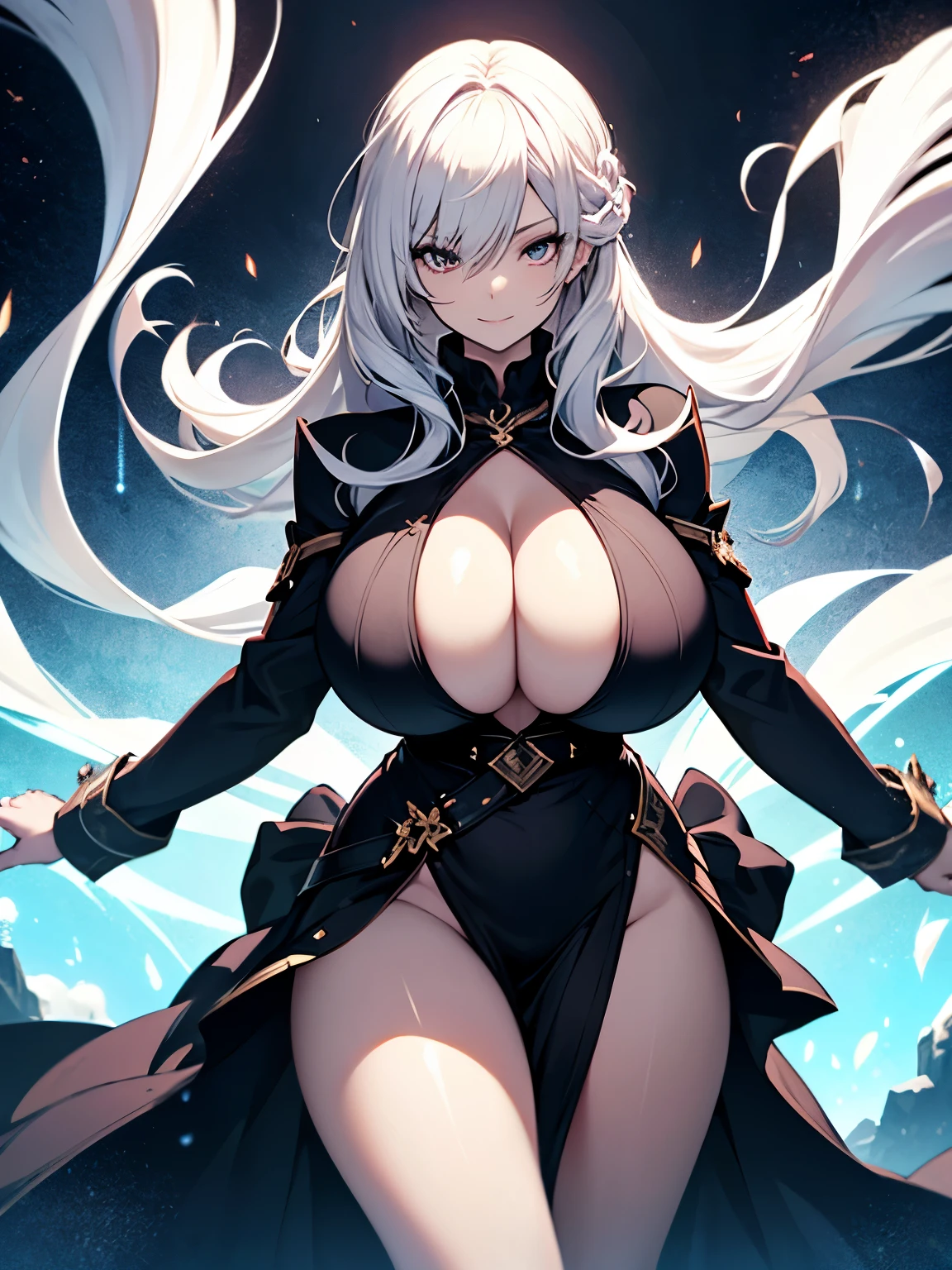 pale skin, Ghost Girl,blue flames, black backgrounds, Pale long hair, Floating, big breasts, huge tits, Big ass, thick thight, thick waist, I can see the cleavage, pale dress, A slight smil, gigantic breasts, sagging breasts, milf,