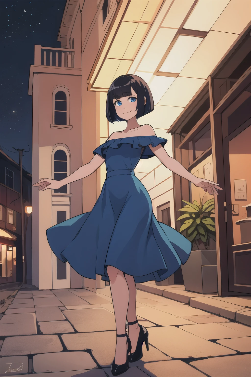 ((best quality)), ((masterpiece)), (detailed), perfect face, 1 girl, solo, ager, black hair, bob cut, bob hair, blue eyes, smile, in a flamenco dress, off the shoulder dress, red dress, a longer body, teen, bare shoulders, and being so beautiful, high heel shoes, dancing in the village, at night time at a town, with candles burning on the ground, in 2D illustration, 2D art style,