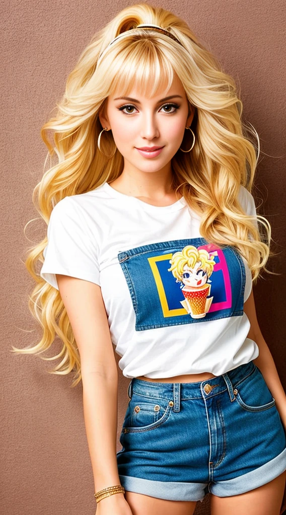 "(Mature and realistic portrayal:1.2) Sailor Moon exuding confidence as she holds an  cream cone, her blonde hair cascading down, adorned in stylish brown denim clothes from the 2000s, with a backdrop filled with sprinkles."