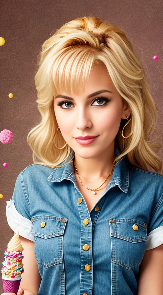 "(Mature and realistic portrayal:1.2) Sailor Moon exuding confidence as she holds an cream cone, her blonde hair cascading down, adorned in stylish brown denim clothes from the 2000s, with a backdrop filled with sprinkles."