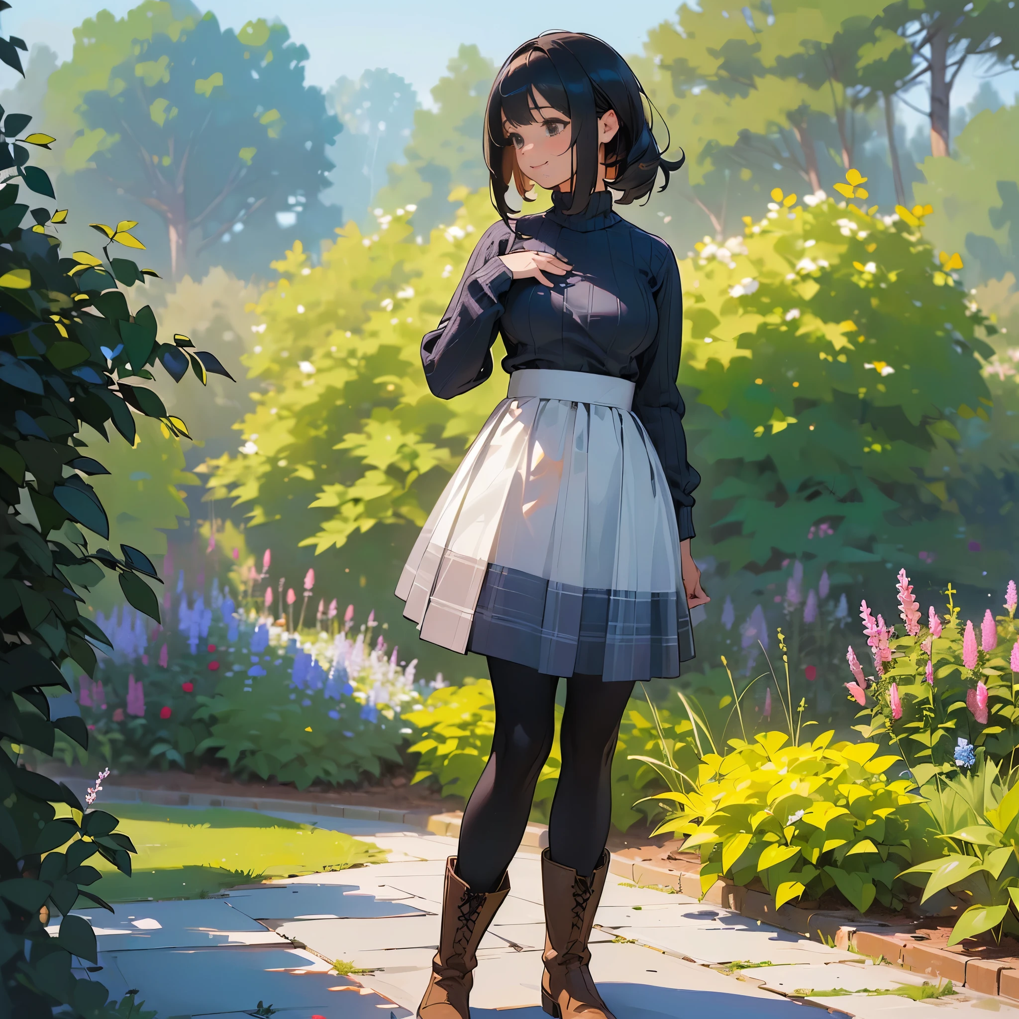 (High quality, High resolution, Ultra-detailed, Realistic:1.37), peaceful ambiance, (plein air, garden), Teenage girl standing alone, (My breasts are big.), Beautiful detailed features, Cute smile, (Black bob hair), Ribbed sweater, blue plaid skirt, Black tights, Brown boots.