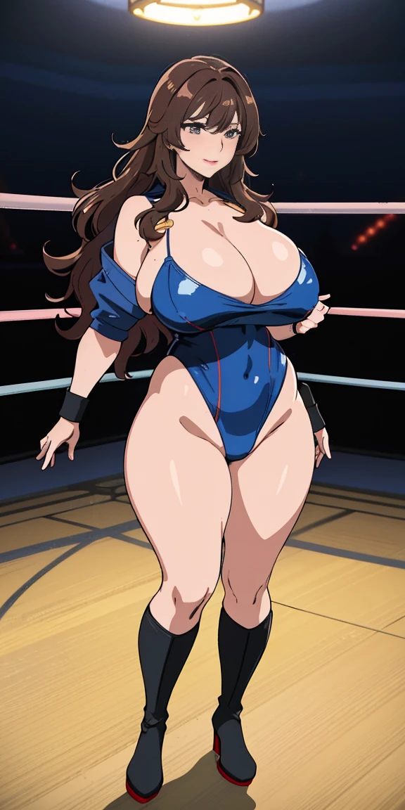 (best quality:1.5, highres,detailed lighting, shaders), wavy hair, busty, high cut leotard, cleavage, (full body shot), standing, pro wrestling background, sexy, erotic, lewd, seductive,wearing sporty boots,saggy huge tit,japanese,mom