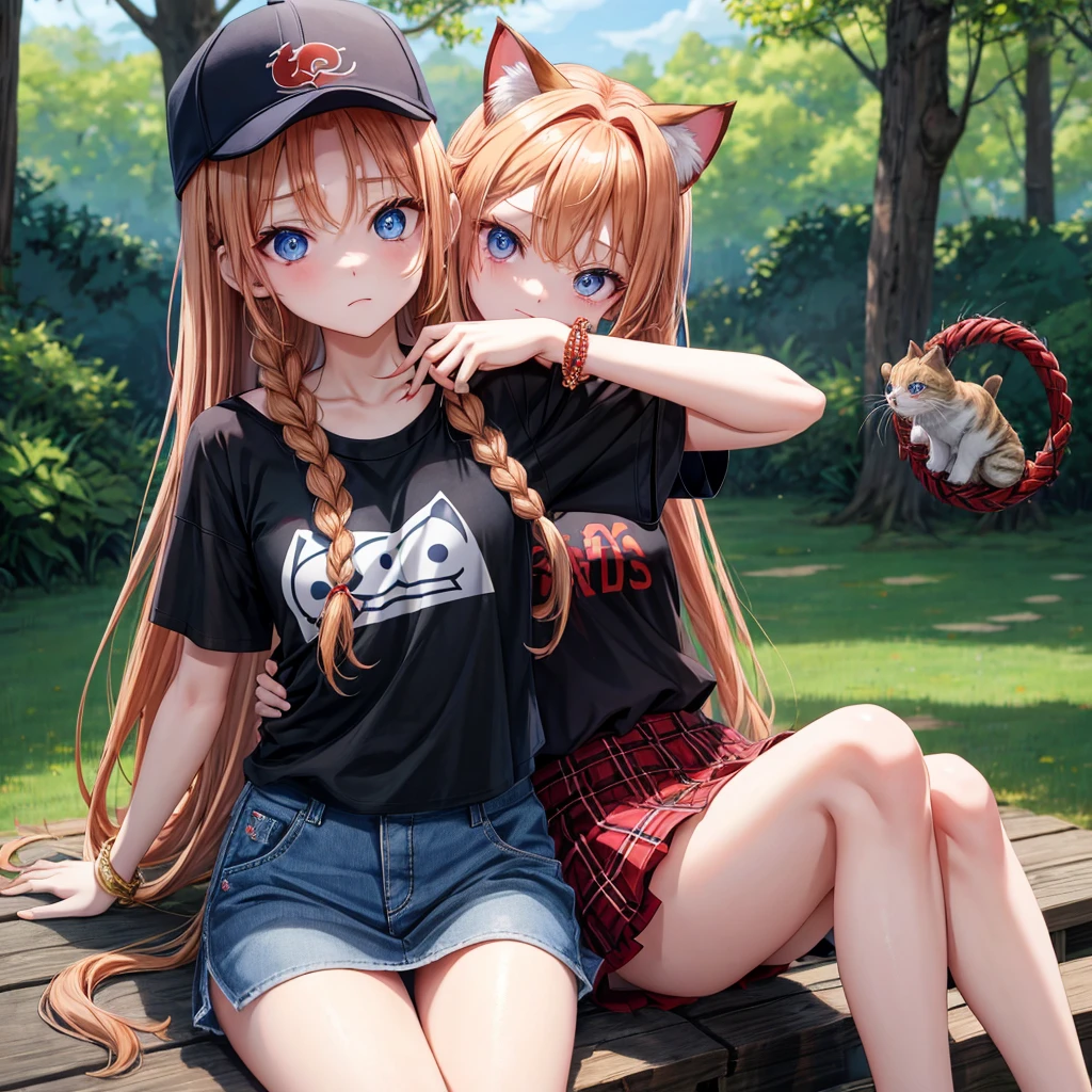 red blonde、blue eyess、Braids、one good looking girl、独奏、animesque、Plaid miniskirt、Black T-shirt、camisole、the woods、Sunlight、sitting on、wearing a baseball cap、bare-legged、small bracelet、tilting the head、Hugging a cat、glaring