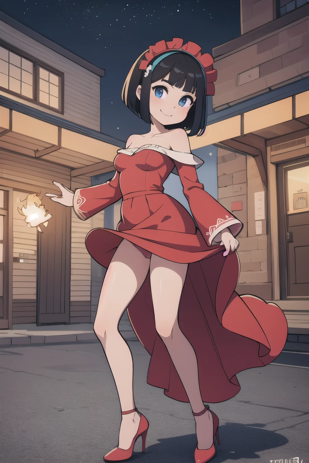 ((best quality)), ((masterpiece)), (detailed), perfect face, 1 girl, solo, ager, black hair, bob cut, bob hair, blue eyes, smile, in a flamenco dress, off the shoulder dress, red dress, a longer body, teen, bare shoulders, and being so beautiful, high heel shoes, dancing in the village, at night time at a town, with candles burning on the ground, in 2D illustration, 2D art style,