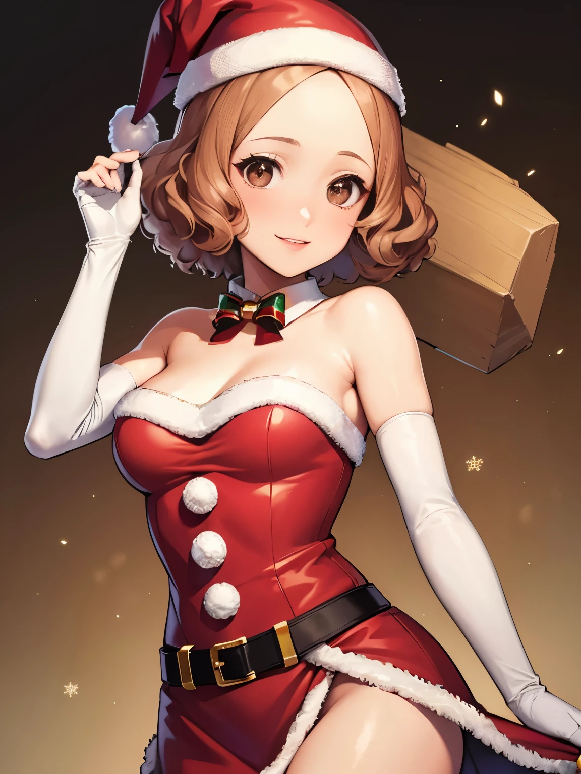 1girl, solo, masterpiece, best quality, high res, highly detailed, (illustration), beautiful detailed eyes,haru okumura, (brown eyes:1.5), brown hair, short hair,, glossy lips, makeup, smile, long white satin elbow gloves, cowboy shot, (santa), red santa dress, santa hat, strapless dress