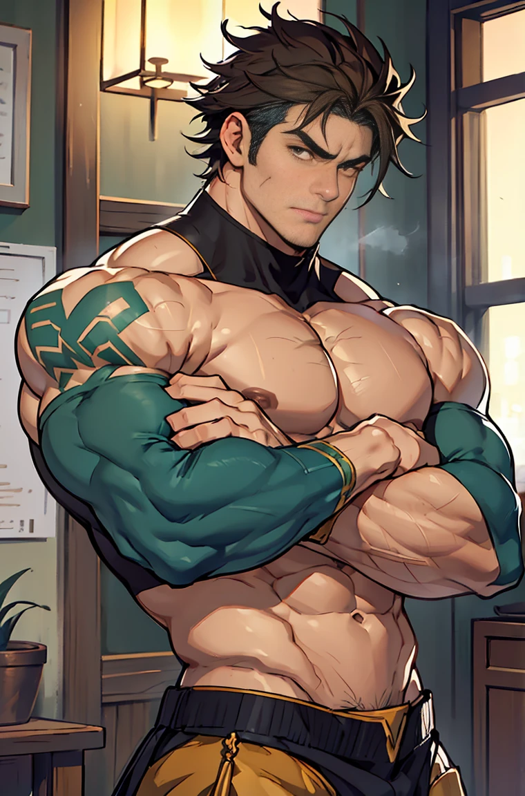 show off thick arms to the audience,looking at viewert,((The audience is blocked by the protagonist in a corner and the perspective is slightly lower.)),(Observe the protagonist from an interdepartmental perspective that is extremely close to the protagonist from bottom to top),Side Body,Sense of evil,Sharp eyes,Thick dark brown hair on crotch,Upper body clothes,closeup of arms,The protagonist enthusiastically hugged a thinner and shorter peer around his waist. The peer looked full of enjoyment.,((The camera zooms in)),There are strange dark green patterns on his shoulders,Shoulders exposed,Stout arms,Shoulders very broad,Muscles protrude a lot,Bulging crotch,(Long and explosive legtremely tall height),Highest image quality,Pessoas do sexo masculino,Child,1 ,jovem e bonito,Shoun,Cabelo liso curto,Pele escura,Anime peito grande,anime wallpaper,sozinho,Foco Masculino,cuecas,Dilation of the pectoral muscles,capa vermelhirilha saliente,Fundo Urbano,Espalhe as pernas,sexy,(master part, best quality),meias brancas longaotas Red Martin,((Exaggerated bulge of muscles)),The protagonist is very tall and his head almost reaches the ceiling.,The background is in an interior with vintage furniture and vintage wooden floor surrounding,Lush woods outside the window,musclebound and hulking, muscular characters, super buff and cool, tall and muscular, muscular!!, very buff, 2 muscular attractive men, massive muscles, big muscle, Muscular men, Two anime handsome men, muscular!, gigachad muscles, muscular bodies, muscular character,Giant arm