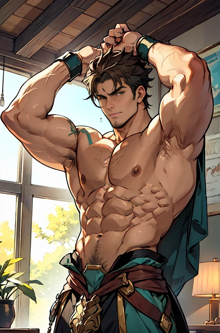 show off thick arms to the audience，looking at viewert，（（The audience is blocked by the protagonist in a corner and the perspective is slightly lower.）），（Observe the protagonist from an interdepartmental perspective that is extremely close to the protagonist from bottom to top），Side Body，Sense of evil，Sharp eyes，Thick dark brown hair on crotch，Upper body clothes，closeup of arms，The protagonist enthusiastically hugged a thinner and shorter peer around his waist. The peer looked full of enjoyment.，（（The camera zooms in）），There are strange dark green patterns on his shoulders，Shoulders exposed，Stout arms，Shoulders very broad，Muscles protrude a lot，Bulging crotch，（Long and explosive legtremely tall height），Highest image quality，Pessoas do sexo masculino，Child，1 ，jovem e bonito，Shoun，Cabelo liso curto，Pele escura，Anime peito grande，anime wallpaper，sozinho，Foco Masculino，cuecas，Dilation of the pectoral muscles，capa vermelhirilha saliente，Fundo Urbano，Espalhe as pernas，sexy,(master part, best quality),meias brancas longaotas Red Martin，((Exaggerated bulge of muscles))，The protagonist is very tall and his head almost reaches the ceiling.，The background is in an interior with vintage furniture and vintage wooden floor surrounding，Lush woods outside the window，musclebound and hulking, muscular characters, super buff and cool, tall and muscular, muscular!!, very buff, 2 muscular attractive men, massive muscles, big muscle, Muscular men, Two anime handsome men, muscular!, gigachad muscles, muscular bodies, muscular character，Giant arm