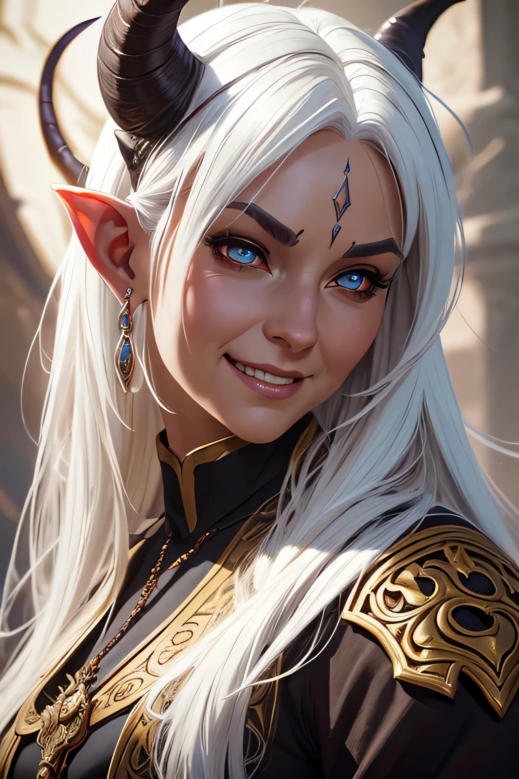 ultra realistic illustration, fantasy, dungeons & dragons, Middle aged woman, tiefling, horns, exotic white hair, monk, demon eyes, intricate, elegant, highly detailed, digital painting, artstation, concept art, sharp focus, illustration, art by artgerm and greg rutkowski and alphonse mucha, happy, smiling