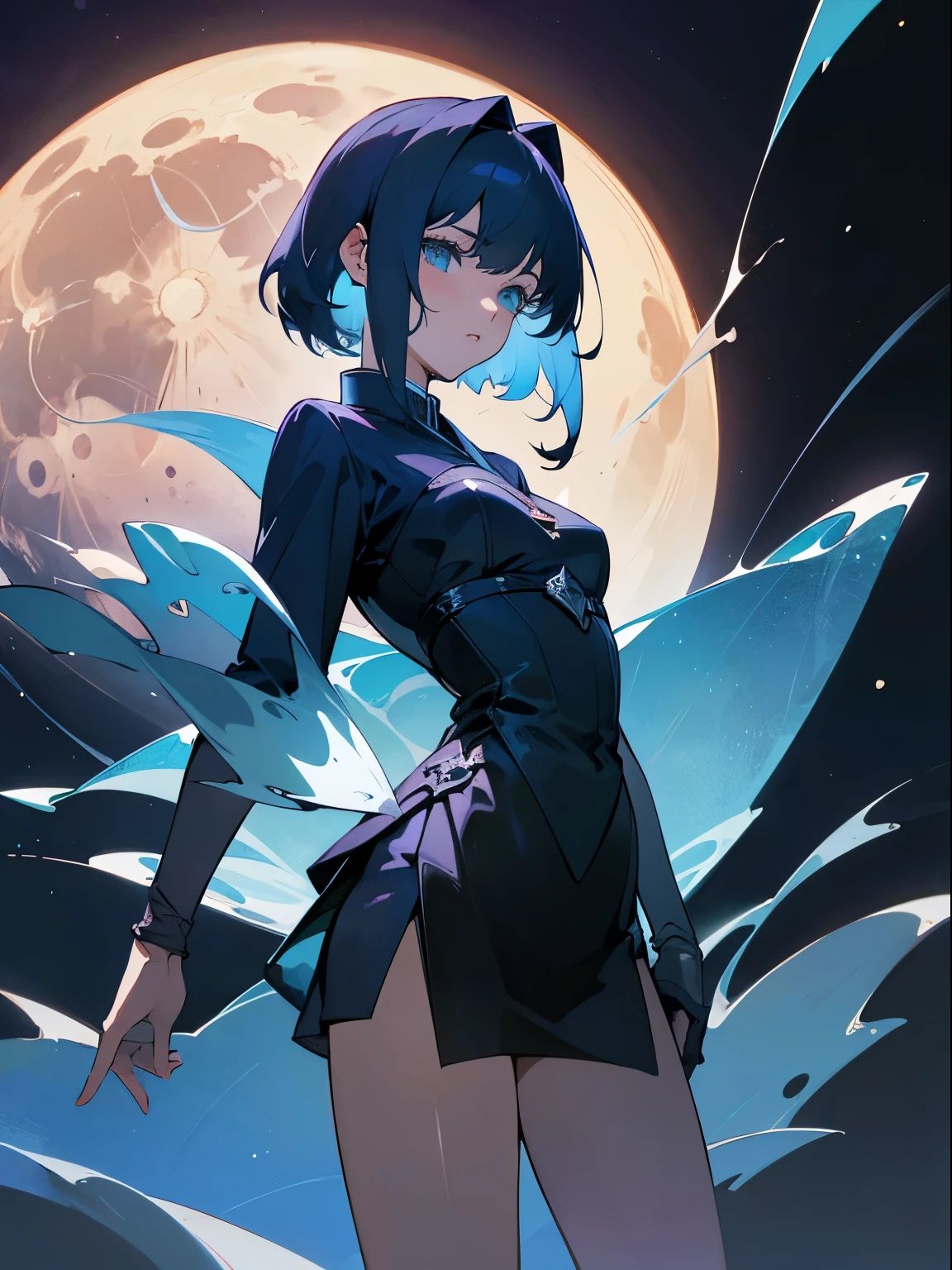 BERNARD FIÈVRE, Harold Noecker, Surreal, mysterious, strange, fantastical, fantasy, Sci-fi, Japanese anime, visual dynamics of darkness, blueprint of the full moon, comet sinking into glass, beautiful girl in a glass miniskirt, perfect voluminous body, detailed masterpiece