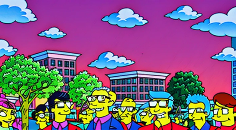 Develop a vibrant illustration of a busy cityscape. Imagine tall, colorful buildings, cheios de janelas brilhantes. No centro da imagem, highlight an elderly care facility with a red ribbon being cut by Bob Marley using scissors. Crie uma atmosfera radiante ao redor do asilo, with a crowd of smiling people. Make sure the sky is clear and blue, and add green and flowering trees to convey a sense of peace and tranquility. Be sure to incorporate the vibrant colors and Bob Marley figure to add joy and hope to the scene..