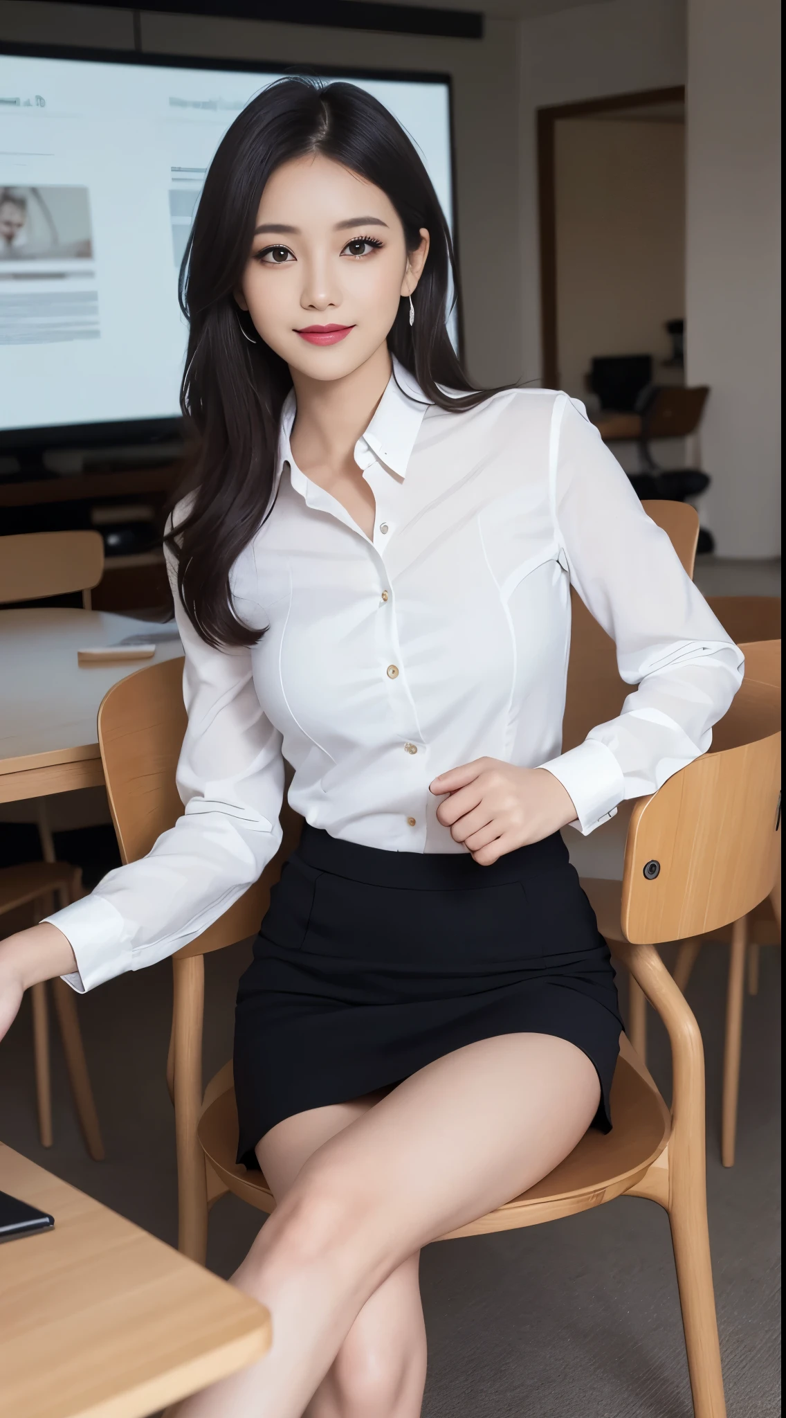 masutepiece, Best Quality, Illustration, Ultra-detailed, finely detail, hight resolution, 8K Wallpaper, Perfect dynamic composition, Beautiful detailed eyes, Business suits,Mini skirt、Medium Hair, Medium:1.2, Natural Color Lip, Sit on a chair and cross your legs,Smile、25 year old girl,Fancy makeup with red eyeshadow,
