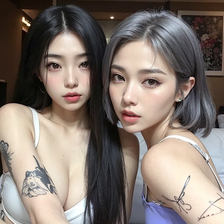 Two Asian Women with Tattoos on Arms and Arms, Nixeu y Sakimichan, de chica taiwanesa con tatuajes, maquillaje popular de Corea del Sur, Cabello de dos colores, ulzzang, con negro, inspirado por Wang Duo, con el mismo peinado, Cabello largo y lacio plateado, con pelo largo blanco, maquillaje coreano popular, Cabello liso y gris, charcoal leather