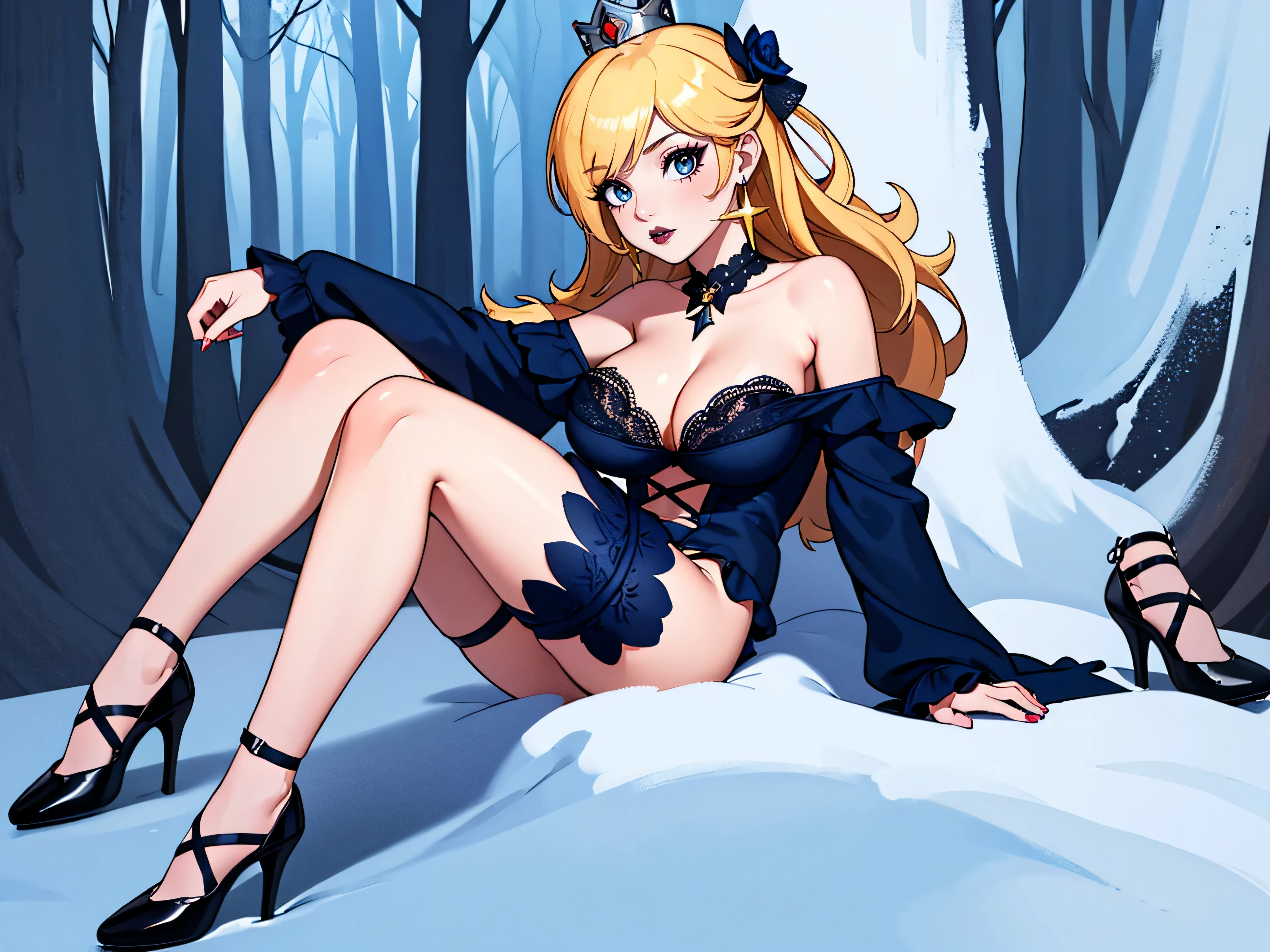 ((high detailed, best quality, 4k, masterpiece, hd:1.3)), ((best quality)), (((HD))), (((8k))), (ultraDH), (ultra HD), Snowy Forest background, snowflake pattern, frozen forest, (solo:1.3), panoramic shot, a full-length shot of Rosalina lying on the snow on the floor in the winter mountain, neon blue eyes, BREAK blue eyes, seductive, attractive, shy_smile, smooth anime cg art, 36C_breasts, cleavage, long legs, vivid colors, detailed digital art, slim body, perfect skin, blonde hair, blue eyes, hair over one eye, long hair, wet hair, crown, jewelry, star earrings, BREAK crown, looking at viewer, BREAK looking at viewer, extremely detailed face, using only a navy_blue_lingerie, navy blue lingerie, mini navy blue lingerie, dark_blue_lingerie, dark blue lingerie, mini dark lingerie, sexy_mini_navy_blue_thong, sexy_mini_navy_blue_gstring_thong, sexy_mini_dark_blue_thong, sexy_mini_dark_blue_gstring_thong, gem, (navy blue high heels), (dark blue high heels), (high heels), dark black makeup lips, dark gothic eyeshadows, dark eyeshadows, black eyeshadows, black sexy lips, black lips, (dark:1.2), dark lips, very dark lips, (perfect_hands), (perfect_anatomy), (perfect legs), (only two leglack makeup, black medium lips, detailed_fingers, five_fingers_per_hand, 5_fingers, five_fingers, (1 girl), ((1 solo girl)), detailed_lips, detailed black lips, black painted lips, gothic painted lips, (off shoulder:1.1), (solo:1.3),