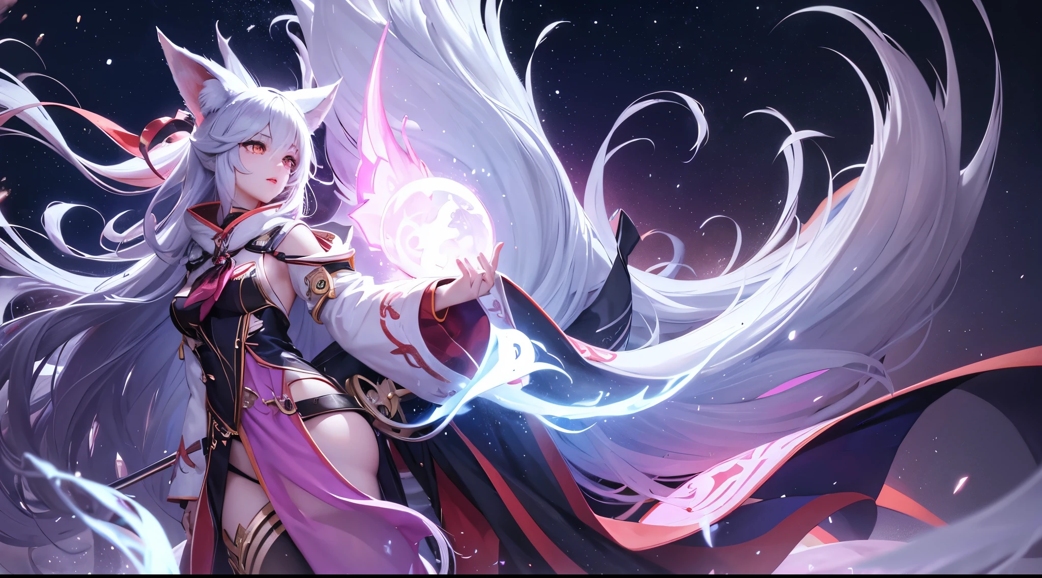 (extremely detailed CG unity 8k wallpaper), the most beautiful artwork in the world, ahri, ahri_(league_of_legends), 1girl, absurdres, animal_ears, black_hair, detached_sleeves, distr, facial_mark, fox_ears, fox_tail, hand_up, highres, league_of_legends, long_hair, snowsuit, magic, multiple_tails, white_tails, orange_eyes, parted_lips, solo, standing, tail, full_body, arms behind back