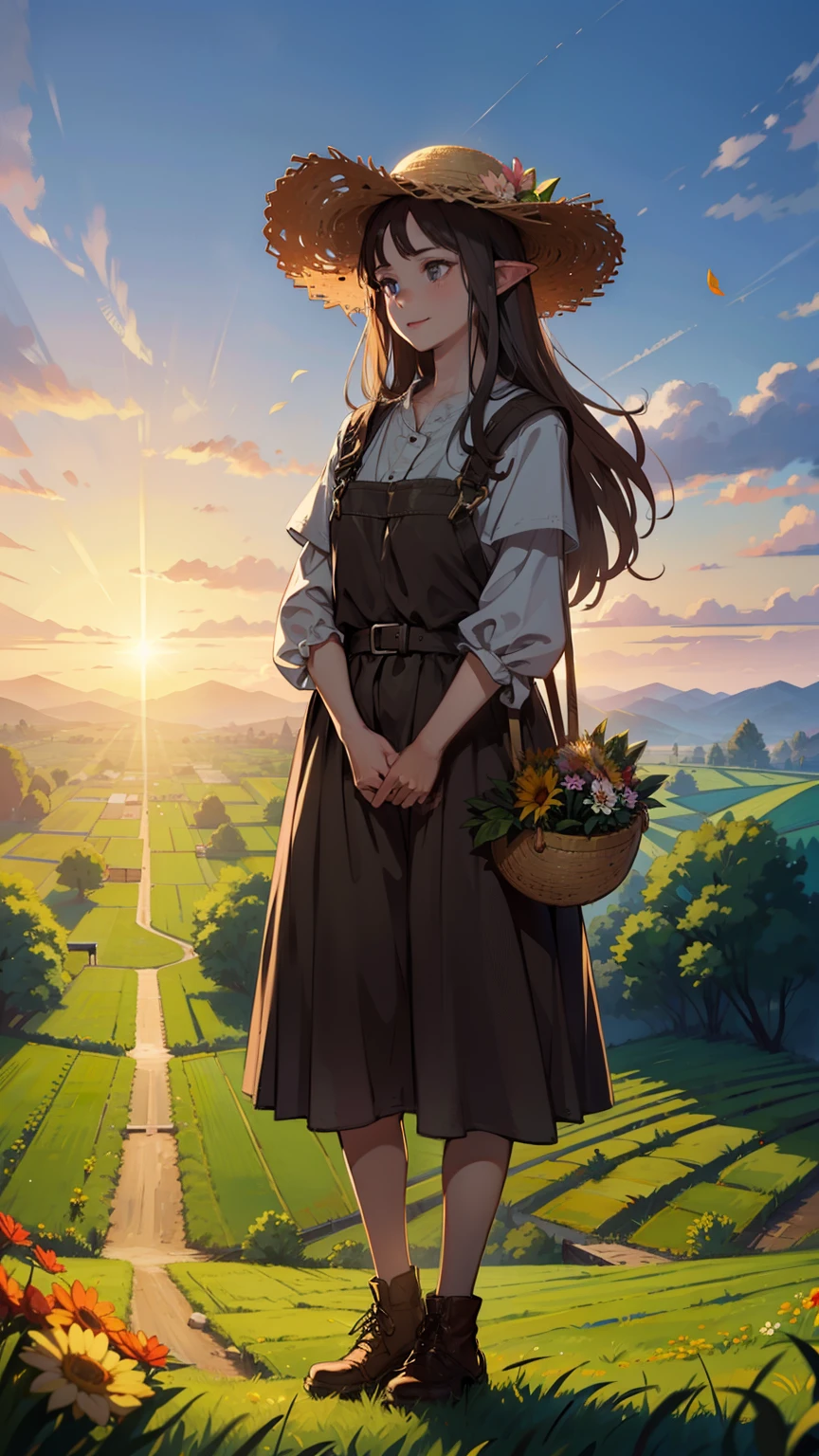 (((((girl))))), masterpiece, ultra detailed, 8K Portrait, Raw photo, woman's portrait photography, full body, Highly detailed face, ((Fantasy)), (((hobbit))), ((young)), smile, 25years old, 110cm, (((farmer))), ((white skin)), brown long wavy hair, (((overall))), overalls, (((straw hat))), (((holding a flower))), crossed arms, Midday sun, Hyper realistic, Slender body, by the foggy farm, Ambient lighting, Shadow details, Camera focus on face, strong breeze, Light fog