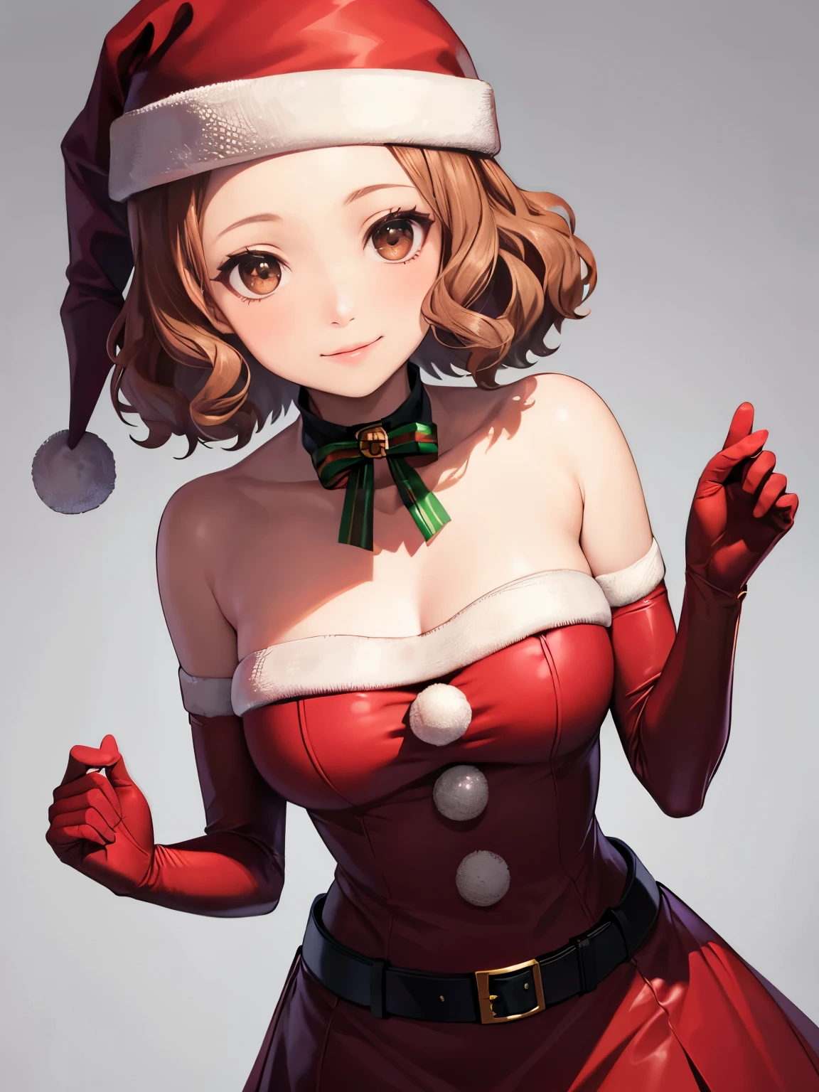 1girl, solo, masterpiece, best quality, high res, highly detailed, (illustration), beautiful detailed eyes,haru okumura, (brown eyes:1.5), brown hair, short hair,, glossy lips, makeup, smile, long white satin elbow gloves, cowboy shot, (santa), red santa dress, santa hat, strapless dress