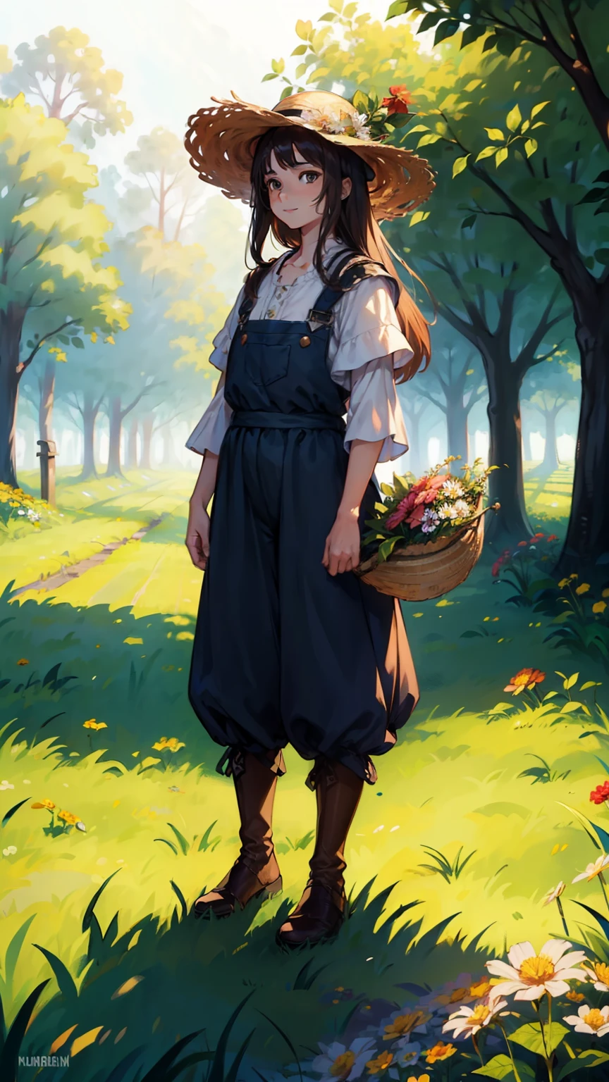 (((((girl))))), masterpiece, ultra detailed, 8K Portrait, Raw photo, woman's portrait photography, full body, Highly detailed face, ((Fantasy)), (((hobbit))), ((young)), smile, 25years old, 110cm, (((farmer))), ((white skin)), brown long wavy hair, (((overall))), overalls, (((straw hat))), (((holding a flower))), crossed arms, Midday sun, Hyper realistic, Slender body, by the foggy farm, Ambient lighting, Shadow details, Camera focus on face, strong breeze, Light fog