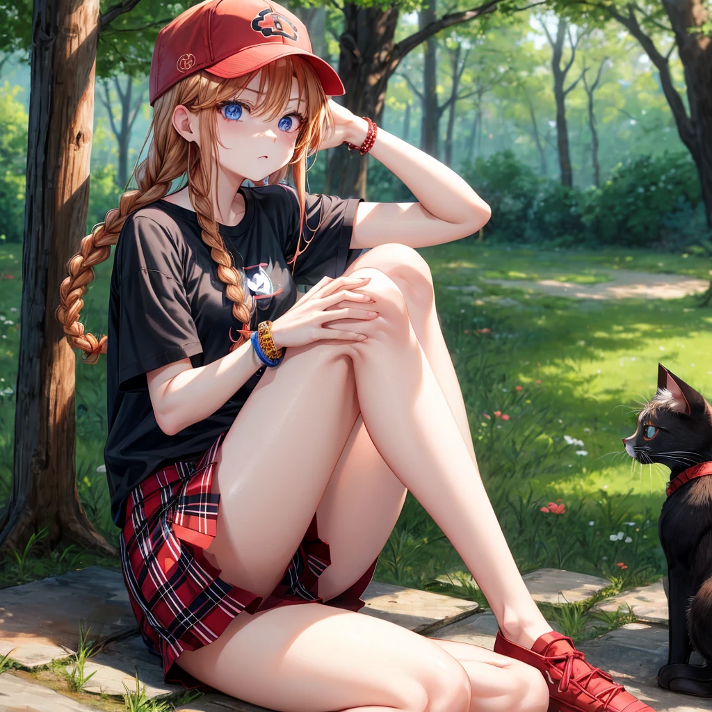 red blonde、blue eyess、Braids、one good looking girl、独奏、animesque、Plaid miniskirt、Black T-shirt、camisole、the woods、Sunlight、sitting on、wearing a baseball cap、bare-legged、small bracelet、tilting the head、Hugging a cat、glaring