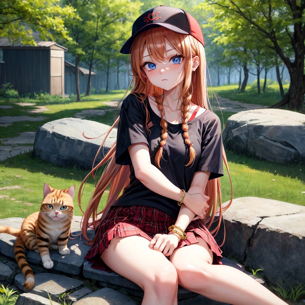 red blonde、blue eyess、Braids、one good looking girl、独奏、animesque、Plaid miniskirt、Black T-shirt、camisole、the woods、Sunlight、sitting on、wearing a baseball cap、bare-legged、small bracelet、tilting the head、Hugging a cat、glaring
