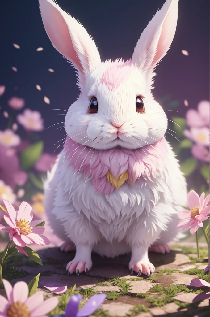A detailed illustration of a print of a colorful baby bunny , fantasy flowers splash, in the style of Studio Ghibli, light white purple and pink pastel tetradic colors, cute and quirky, fantasy art, watercolor effect, bokeh, hand-drawn, digital painting, low-poly, soft lighting, bird's-eye view, isometric style, retro aesthetic, focused on the character, 4K resolution, photorealistic rendering,