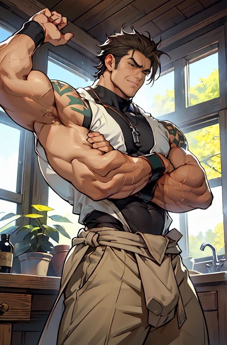 show off thick arms to the audience，Side Body，Sense of evil，Sharp eyes，Thick dark brown hair on crotch，Upper body clothes，closeup of arms，The protagonist enthusiastically hugged a thinner and shorter peer around his waist. The peer looked full of enjoyment.，（（The camera zooms in）），（（The audience is blocked by the protagonist in a corner and the perspective is slightly lower.）），（A perspective looking up from the protagonist&#39;s crotch），There are strange dark green patterns on his shoulders，Shoulders exposed，Stout arms，Shoulders very broad，Muscles protrude a lot，Bulging crotch，（Long and explosive legtremely tall height），Highest image quality，Pessoas do sexo masculino，Child，1 menino，jovem e bonito，Shoun，Cabelo liso curto，Pele escura，Anime peito grande，anime wallpaper，sozinho，Foco Masculino，cuecas，Dilation of the pectoral muscles，capa vermelhirilha saliente，Fundo Urbano，Espalhe as pernas，sexy,(master part, best quality),meias brancas longaotas Red Martin，((Exaggerated bulge of muscles))，The protagonist is very tall and his head almost reaches the ceiling.，The background is in an interior with vintage furniture and vintage wooden floor surrounding，Lush woods outside the window，musclebound and hulking, muscular characters, super buff and cool, tall and muscular, muscular!!, very buff, 2 muscular attractive men, massive muscles, big muscle, Muscular men, Two anime handsome men, muscular!, gigachad muscles, muscular bodies, muscular character，Giant arm