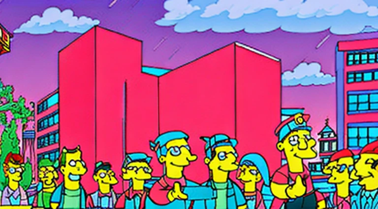 Develop a vibrant illustration of a busy cityscape. Imagine tall, colorful buildings, cheios de janelas brilhantes. No centro da imagem, highlight an elderly care facility with a red ribbon being cut by Bob Marley using scissors. Crie uma atmosfera radiante ao redor do asilo, with a crowd of smiling people. Make sure the sky is clear and blue, and add green and flowering trees to convey a sense of peace and tranquility. Be sure to incorporate the vibrant colors and Bob Marley figure to add joy and hope to the scene..