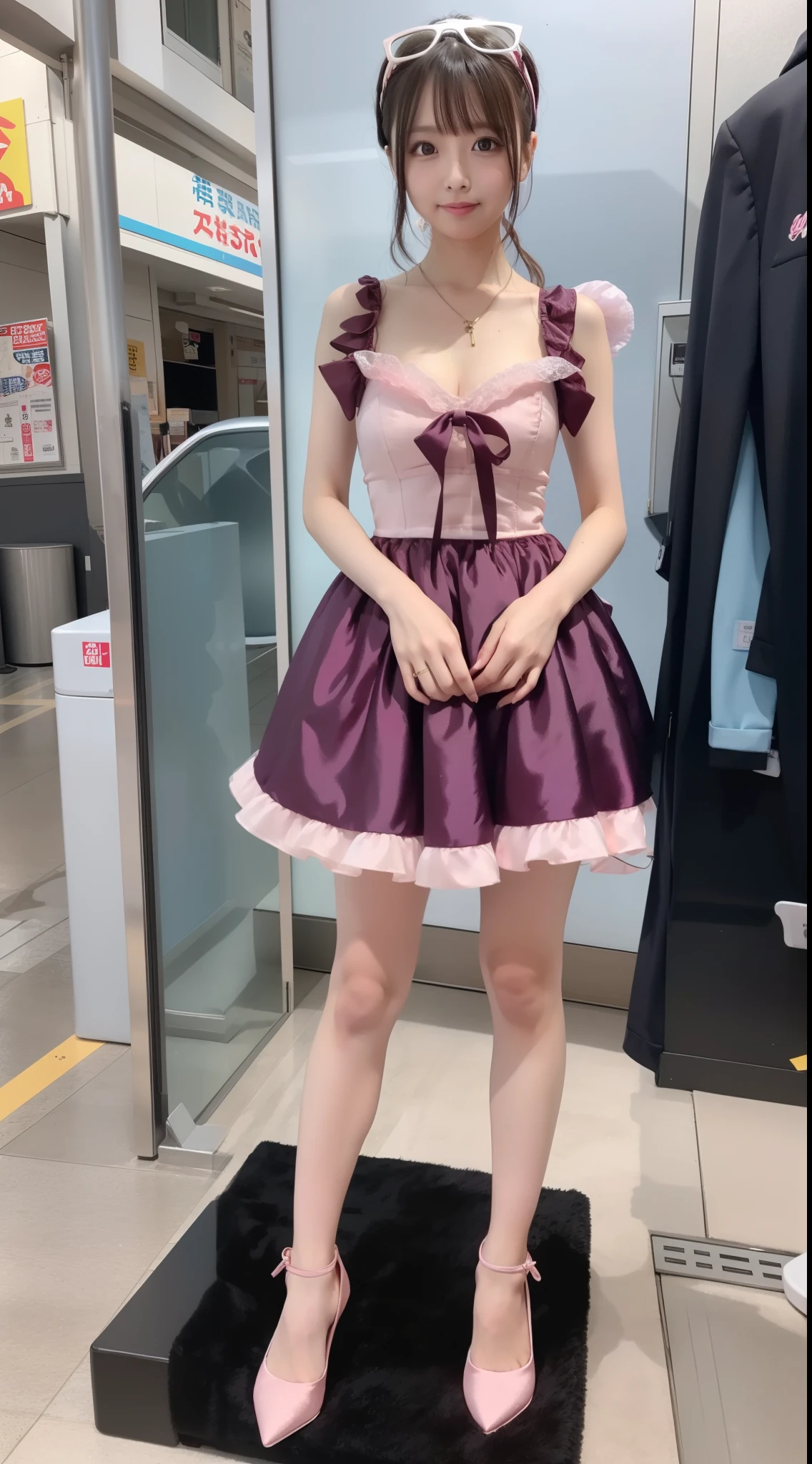 of the highest quality, Idol with slender body, front facing, Well-proportioned body, Exhibited, Event Hall, Moe Pose, pink satin Lolita dress, Standing with legs open, Model body type