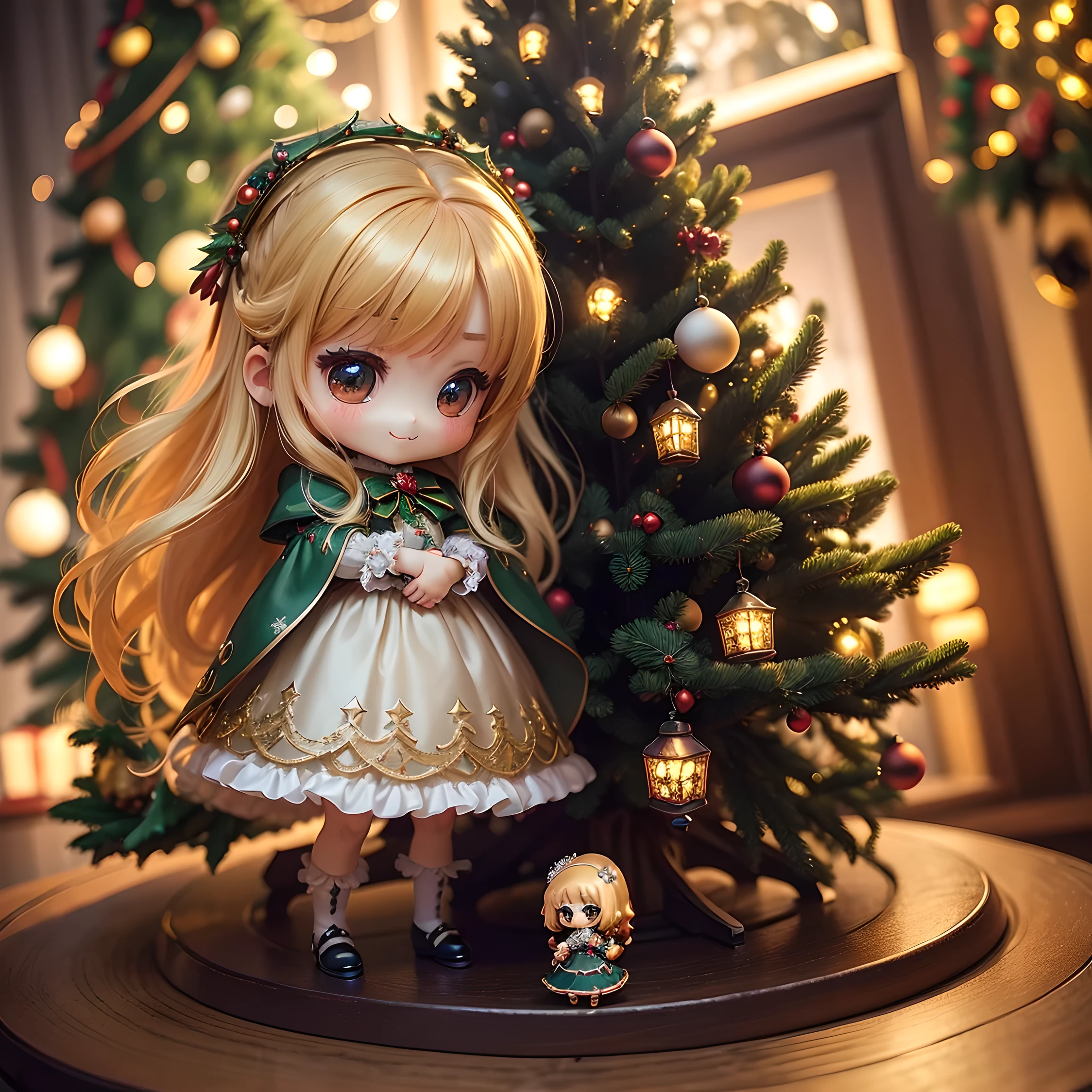 ​masterpiece、top-quality、ultra-detailliert、(Chibi Chara's Daughter:1.3)、Blonde longhair、victorian rococo dress、A smile、Full-body standing figure、(Huge Christmas tree with gorgeous drop lights:1.3)
