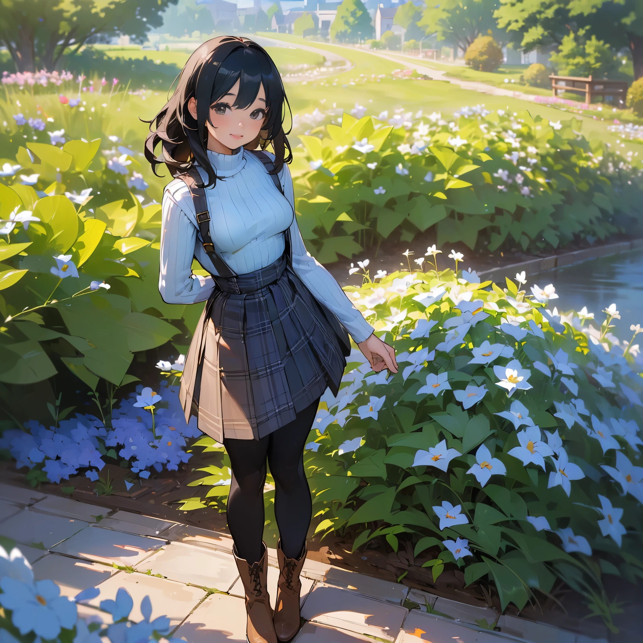 (High quality, High resolution, Ultra-detailed, Realistic:1.37), peaceful ambiance, (plein air, garden), girl standing alone, (My breasts are big.), Beautiful detailed features, Cute smile, (Black bob hair), Ribbed sweater, blue plaid skirt, Black tights, Brown boots.