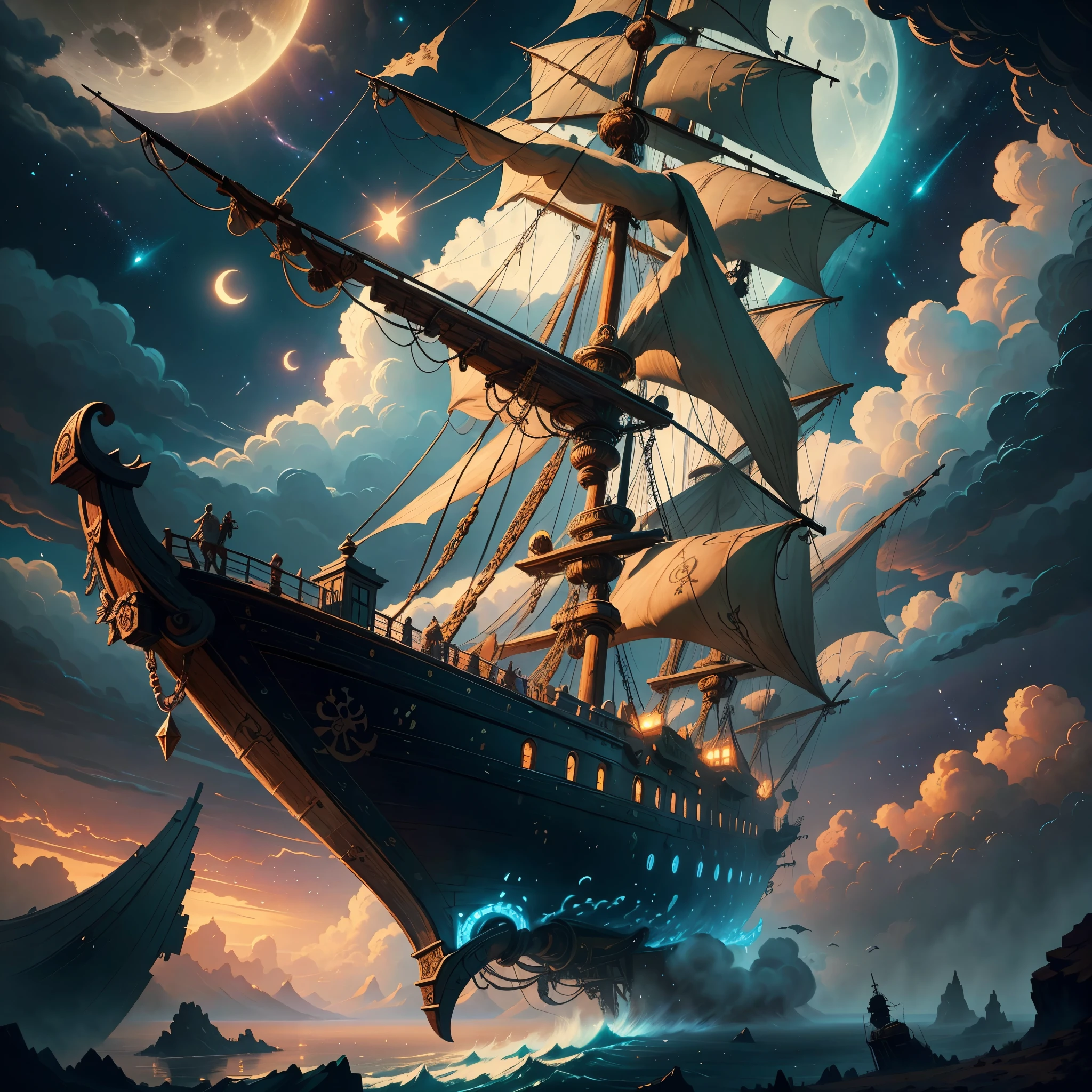 A painting of a flying pirate ship surrounded by small fairies, clouds, moon, stars in the background, fantasy, highly detailed digital art in 4K, high quality detailed art in 8k, in the style of Cyril Rolando, detailed fantasy digital art, epic fantasy science fiction illustration, amazing wallpaper, inspired by Gaston Bussiere