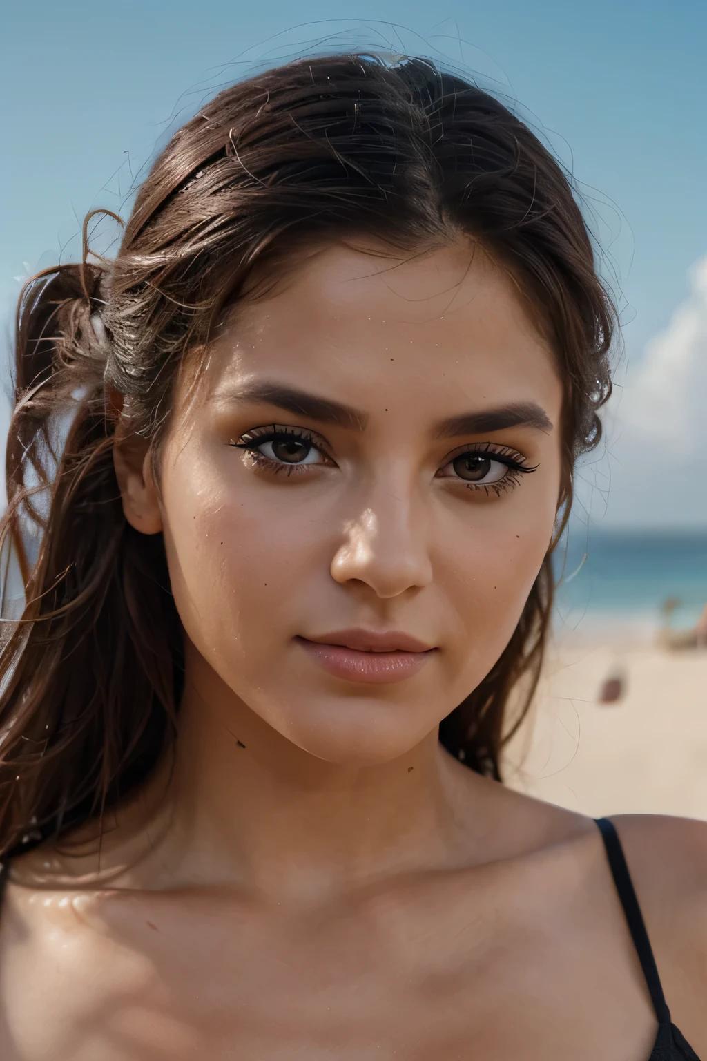 Brune, yeux marons, tanned, de face