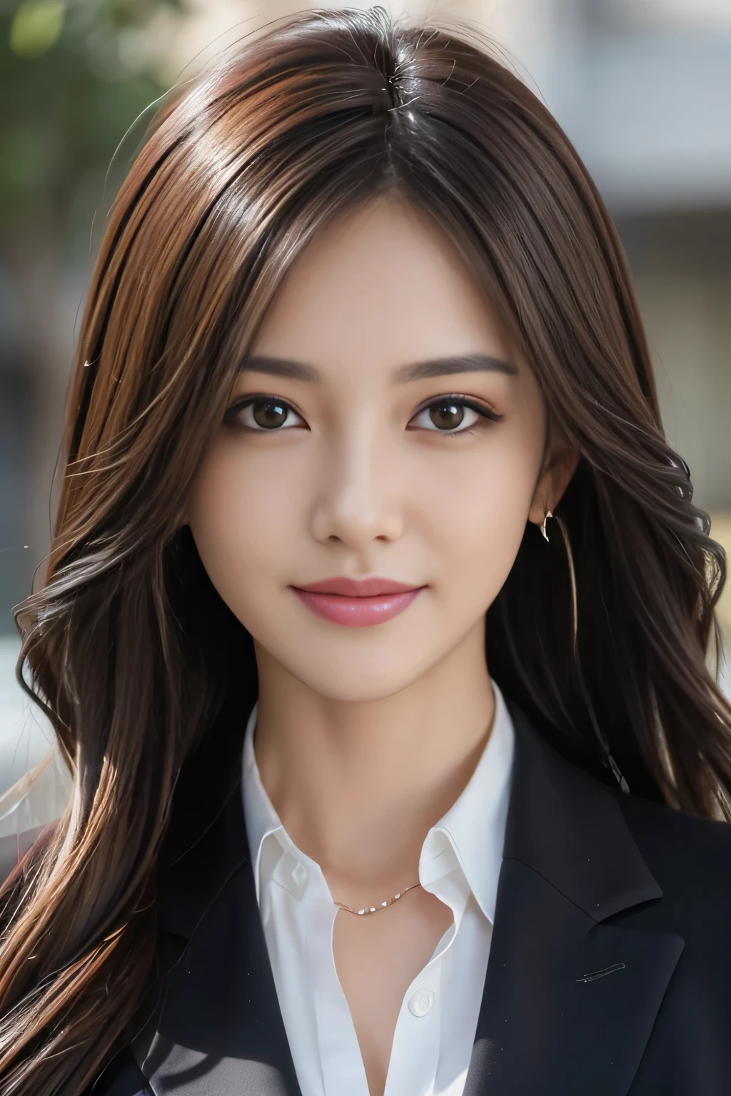 masutepiece, Best Quality, Photorealistic, Ultra-detailed, finely detail, High resolution, 8K Wallpaper, 1 beautiful woman,, light brown messy hair, in a business suit, foco nítido, Perfect dynamic composition, Beautiful detailed eyes, detailed hairs, Detailed realistic skin texture, Smiling, Close-up portrait, Model body type