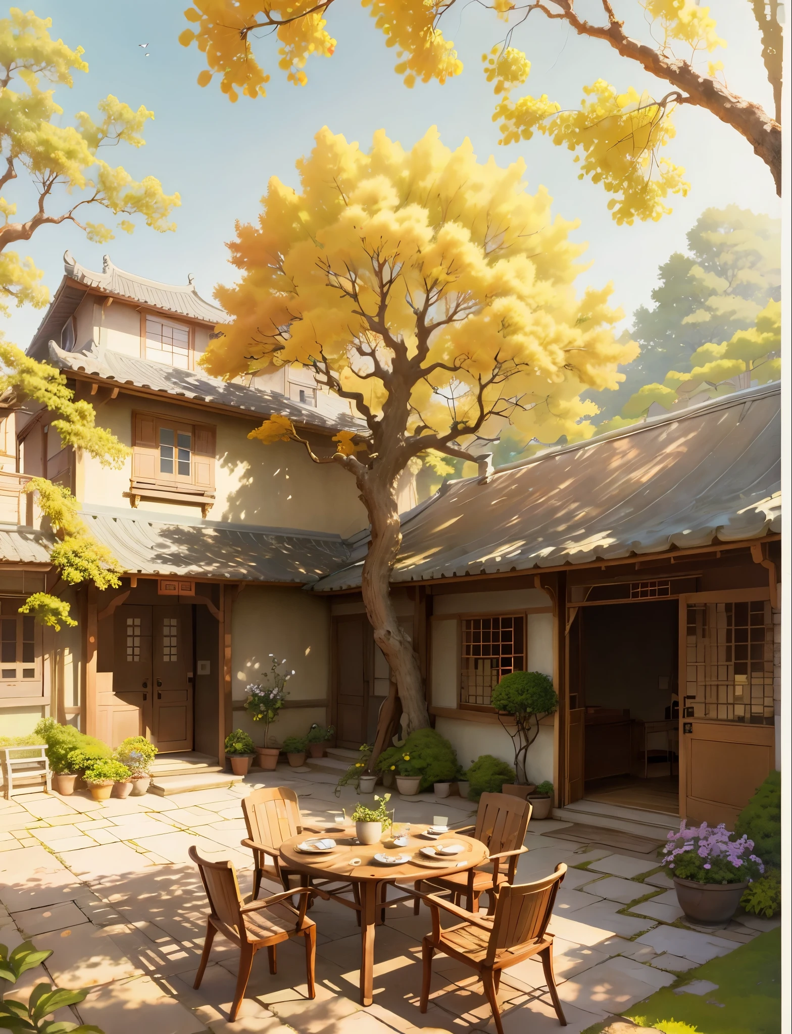 Draw a courtyard with tables and chairs and a tree, Chinese courtyard, the structure of the house is  in Chinese, warm late autumn warm colors, tables and chairs in the yard, fruit plates on the table, flowers and plants around, beautiful artwork illustrations, landscape artwork, autumn, Zhou Chen, there is a persimmon tree, full of red persimmons, lens wide angle, far view, master works, anime background art, Studio Ghibli art, Studio Ghibli environment, beautiful digital painting, detailed scenery - width 672, Studio Ghibli style, Studio Ghibli Sunshine, beautiful digital artwork, painted by Ni Yuanlu, Studio Ghibli painting style