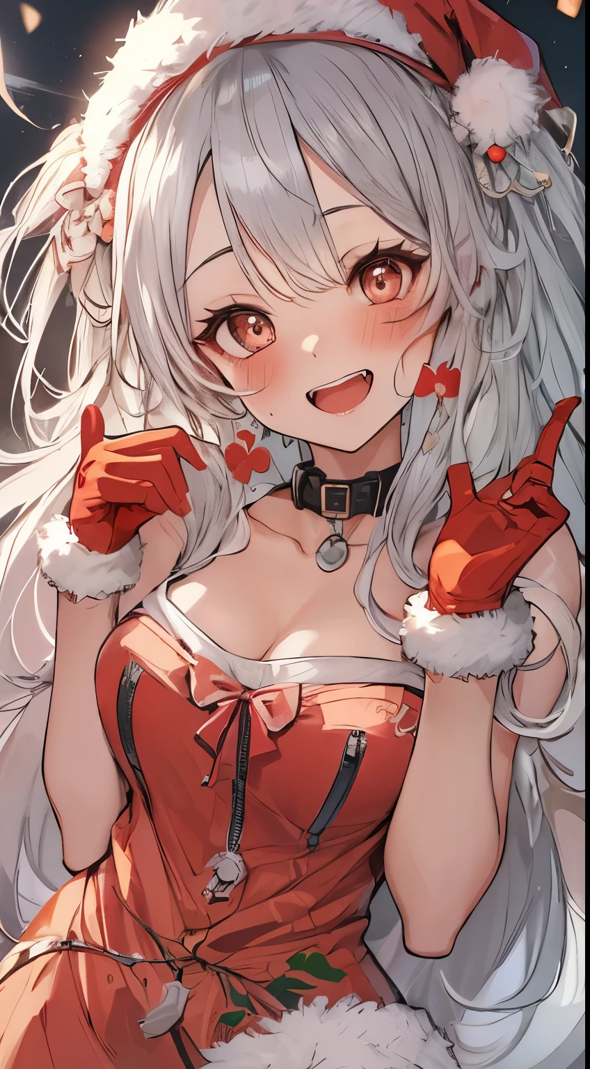 santa clothes、christmas image、small tits、1girl in、Put one hand on your face、Heart-shaped pupil,Red and Black theme,(blush:1.1),Choker,《trembling》,heart mark,(Smaller chest), ((Heavy breathing:1.3)), Smile, Evil smile, Laughing, Cute,full body Esbian、top-quality、masutepiece、1 Masterpiece Girl、Cheek makeup、loose, I have very large dark circles under my eyes、Colorful long hair、Smile,, Evil smile, Laughing, Cute