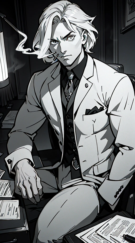 private investigator, legs on desk, smoking a cigarette, leaning back in chair, anime, monochrome, Art Deco, Gothic art, anime style, anatomically correct, masterpiece, high details, high quality, beautifully detailed eyes, captivating gaze, skillfully executed lighting, studio lighting techniques bringing out the man's features and the overall mood of the scene