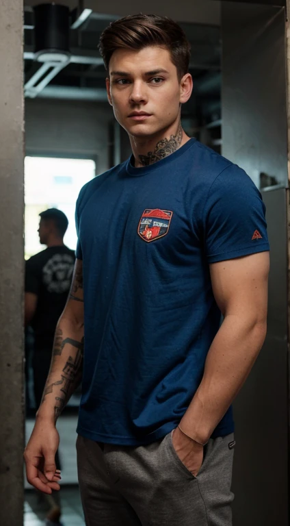 Peter Parker streetwear, 17 years old, military haircut, dark brown hair, intense blue eyes, intense gaze, affiliated features, no facial hair, height 1.83, weight 80 kg, muscular and corpulent build, broad shoulders, V-shaped body, tattoo's on right arm, full body focus, completely hairless,