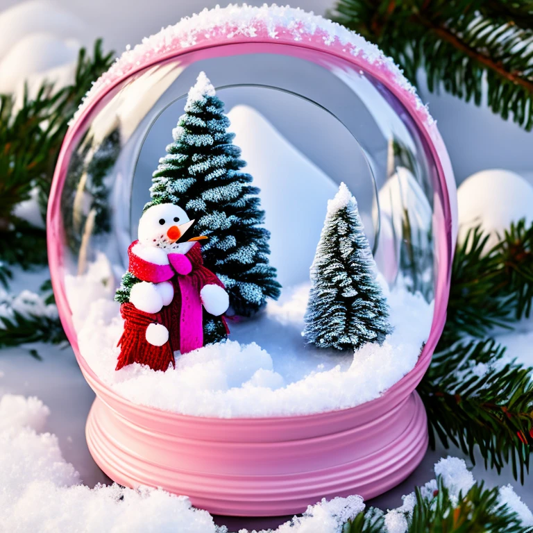 Hyper detailed a close up of Heart shaped snow globe with a snowman inside of it,snowman wearing a pink hat and pink scarf , 5d, with frozen rose around her, accurate depiction,night time There was a dark blue shadow on the ground. The snow globes are a highlight.Snow background, sweet pink tone picture The background is a blur of pine trees, pink tones, and falling snow