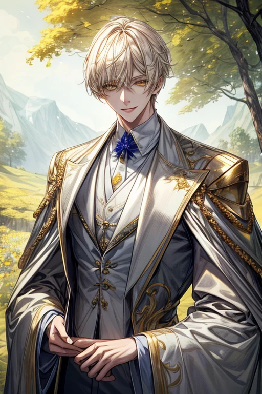 ((​masterpiece:1.2、top-quality))、1male people、short straight yellow hair、Yellow eyes(a handsome:1.4)、long eyelashes、white suit、Fantasia、校服、royalty、the woods、blooming flowers、sunlights、Fantastic Light and Shadow、landscapes、extra detailed face、portraitures、Invincible smile、