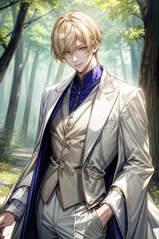 ((​masterpiece:1.2、top-quality))、1male people、short straight yellow hair、Yellow eyes(a handsome:1.4)、long eyelashes、white suit、Fantasia、校服、royalty、the woods、blooming flowers、sunlights、Fantastic Light and Shadow、landscapes、extra detailed face、portraitures、Invincible smile、