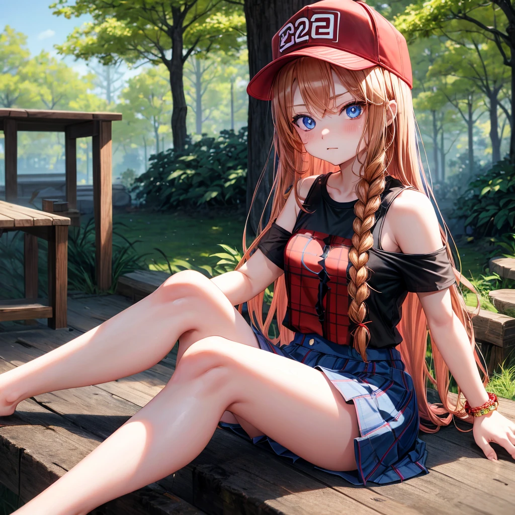 red blonde、blue eyess、Braids、one good looking girl、独奏、animesque、Plaid miniskirt、Black T-shirt、camisole、the woods、Sunlight、sitting on、wearing a baseball cap、bare-legged、small bracelet、Tilting your face、Hugging a cat、glaring