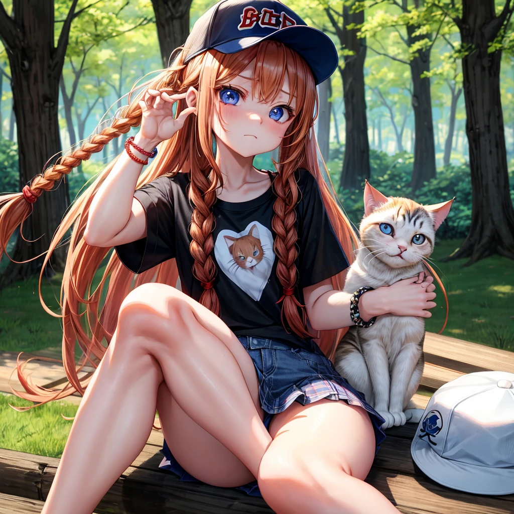 red blonde、blue eyess、Braids、one good looking girl、独奏、animesque、Plaid miniskirt、Black T-shirt、camisole、the woods、Sunlight、sitting on、wearing a baseball cap、bare-legged、small bracelet、Tilting your face、Hugging a cat、glaring