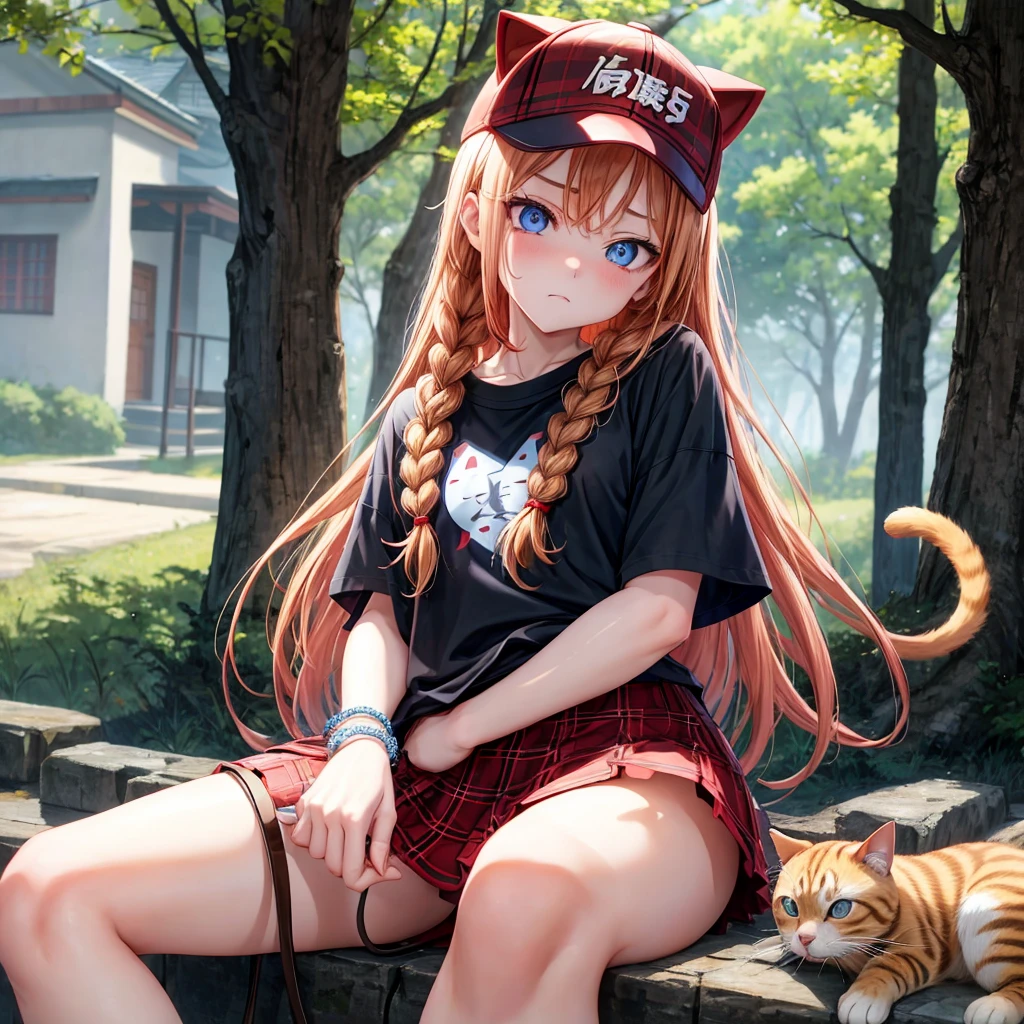 red blonde、blue eyess、Braids、one good looking girl、独奏、animesque、Plaid miniskirt、Black T-shirt、camisole、the woods、Sunlight、sitting on、wearing a baseball cap、bare-legged、small bracelet、Tilting your face、Hugging a cat、glaring