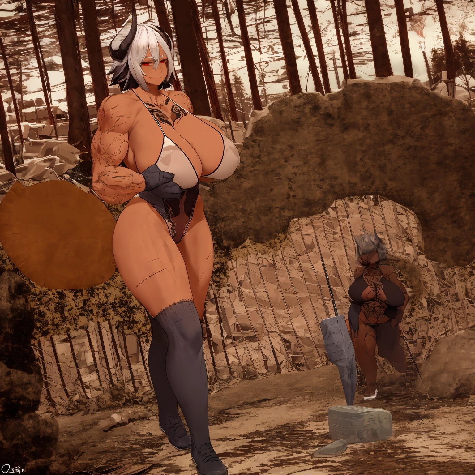 helga, dark-skinned female, short hair, silver hair, horns, red eyes, , huge breasts, no wings, muscular female, thick thighs, thick arms, tomboy,full body tatto,, no tail,fertility tatto, breeding tatto,smug, holding axe, reflection light, blending, bloom, god rays, ray tracing, Fujicolor, drop shadow, Gothic art, anime, Ghibli-like colours, anime style, UHD, retina, masterpiece, ccurate, anatomically correct, textured skin, super detail, high details, high quality, award winning, best quality, highres, 1080P, HD, 4K, 8k, 16k,refsheet, leotard, body suit, stomatch